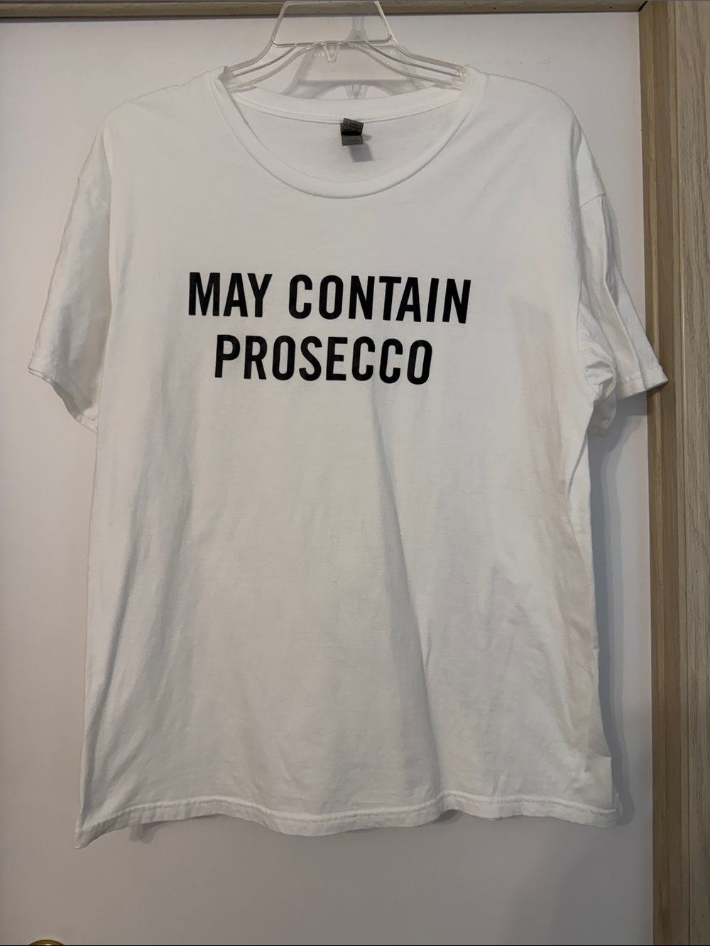 Gildan White Short Sleeve Tee with "May Contain Prosecco" Print